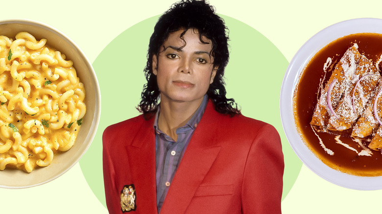 A photo of 1980s Michael Jackson with dishes of food on either side