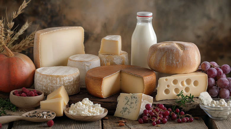 Lineup of different cheeses artfully arranged on a wooden table with jar of milk, grapes, pumpkin, raspberries and seeds
