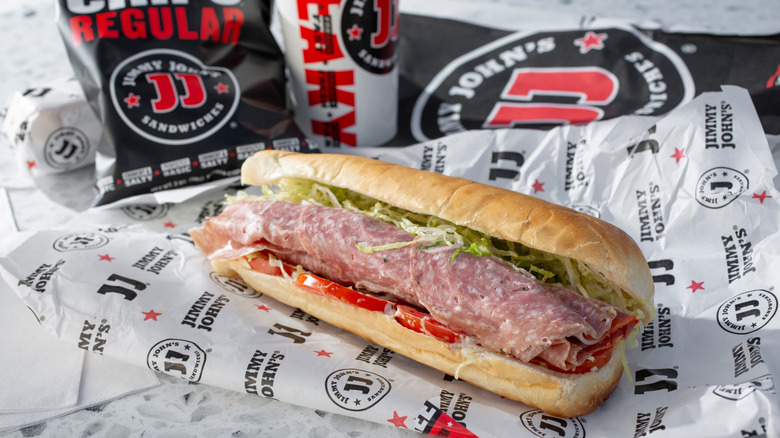 Jimmy John's sub, chips, and drink