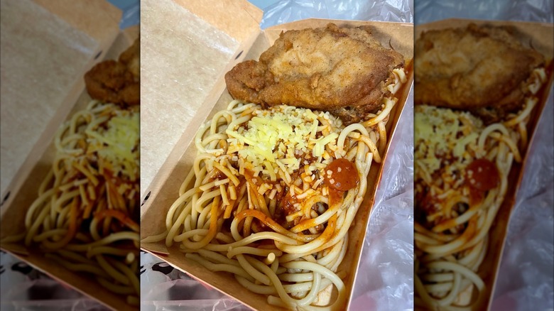 KFC 1-Piece Chicken Spaghetti meal with side sauce and drink