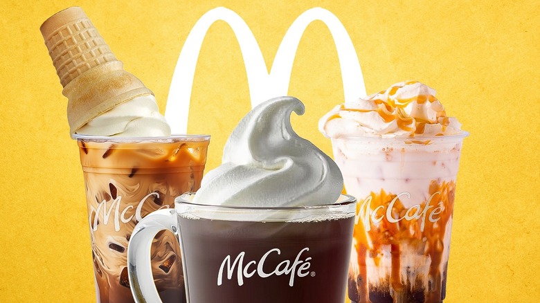 Three McDonald's coffee menu hacks, the McBassett, a black coffee with whipped cream, and a caramel frappé with the McDonald's log and yellow background.