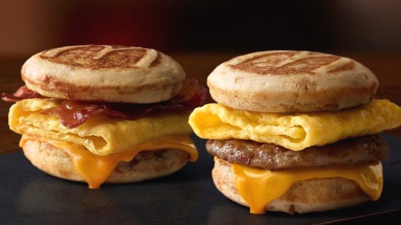 Fast food breakfast sandwiches on counter