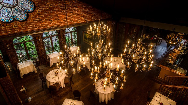 Top-down view of dining room and bar area of One if by Land, Two if by Sea.