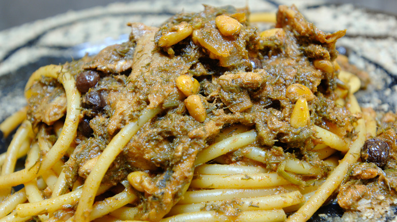 close-up shot of pasta con le sarde alla Siciliana