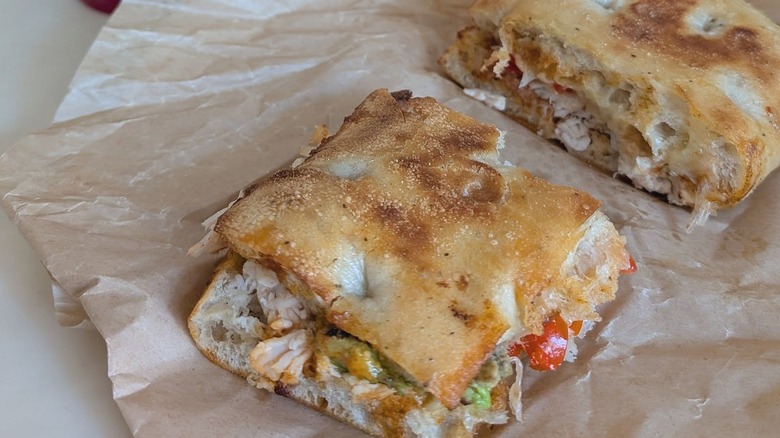 Panera chicken breakfast sandwich on wrapper