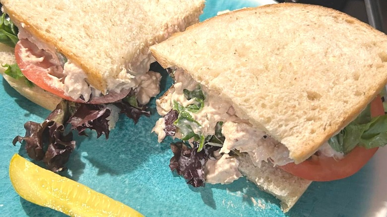 Tuna salad sandwich from Panera on blue plate