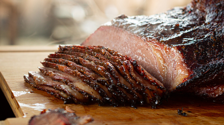 Slices of brisket on a cutting board