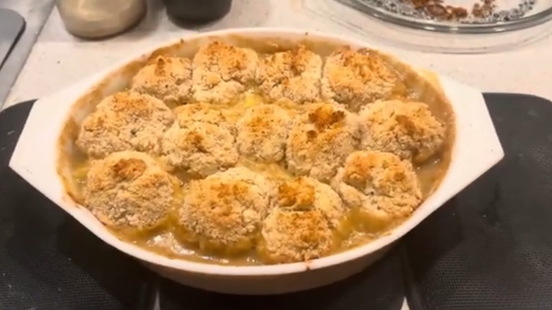 Homemade California casserole using the contest-winning Pillsbury recipe, showing a browned dumpling topping in a white dish