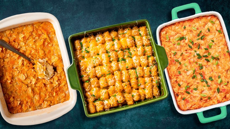 Composite photo showing three casseroles (from left, funeral potatoes, tater tot hotdish, and sushi bake) on a dark teal background