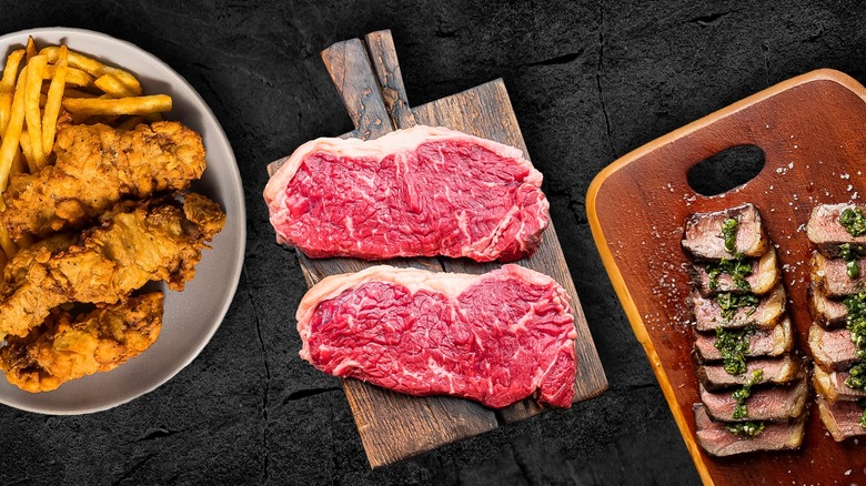 composite image of raw steak, sliced steak, and steak fingers