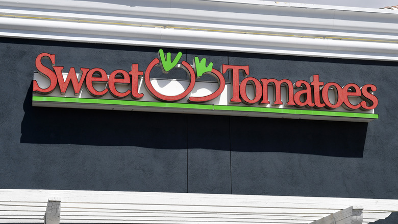 Sweet Tomatoes sign on restaurant building front