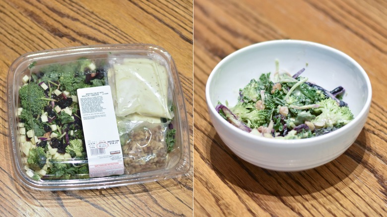A package of broccoli salad next to a white bowl of salad