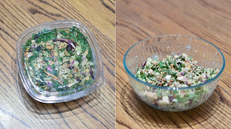 A package of grain and celery salad next to a glass bowl of salad