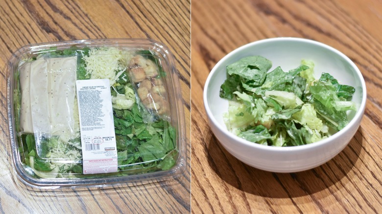 A package of Kirkland Signature Caesar salad next to a white bowl of salad