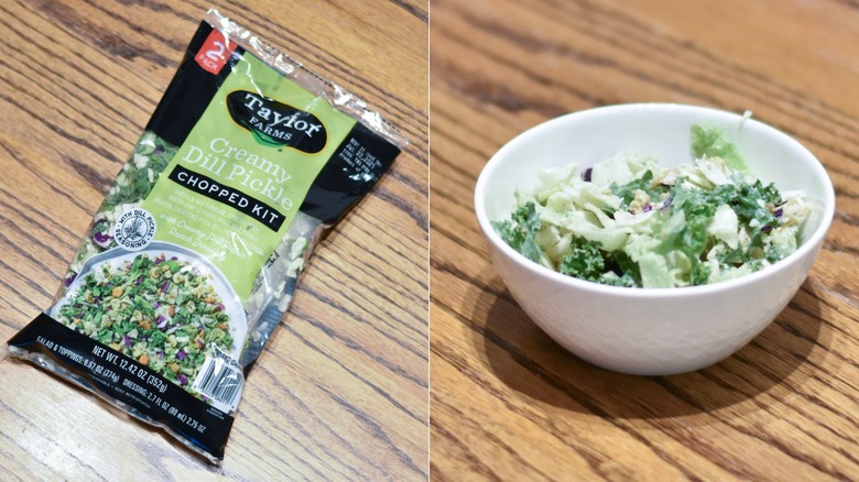 A package of creamy dill pickle salad next to a white bowl of salad