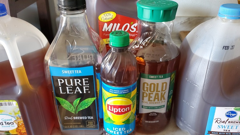 Bottles of store-bought sweet teas from Great Value, Pure Leaf, Lipton, Gold Peak, Kroger, and Milo's