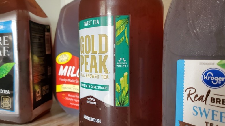 Bottles of sweet tea from Pure Leaf, Milo's, Gold Peak, and Kroger