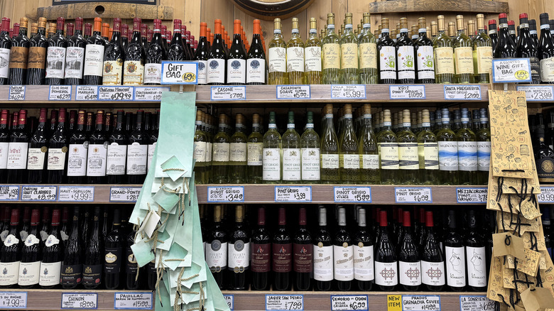 three-tiered imported wine shelf at a Trader Joe's