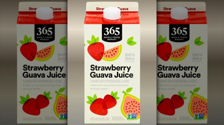A carton of 365 by Whole Foods Market Strawberry Guava Juice