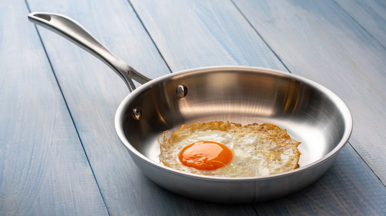 Eggs in a stainless steel pan