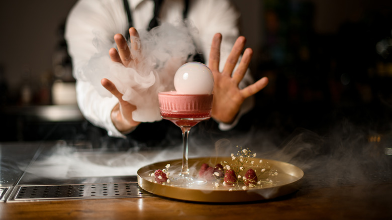 bartender displaying a fancy pink cocktail with a bubble and smoke