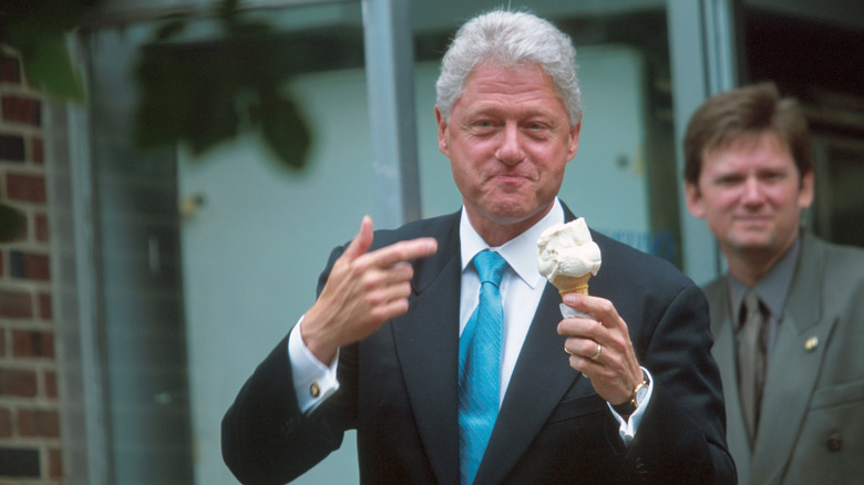 Bill Clinton pointing to an ice cream cone