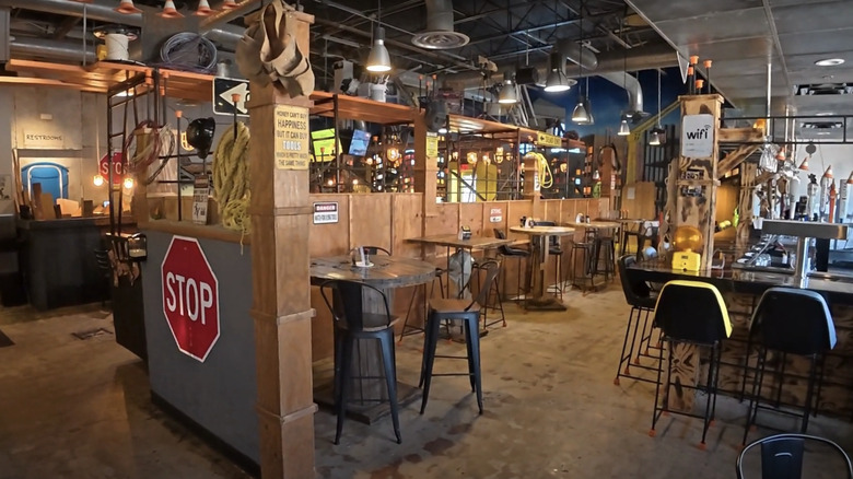 Interior of Construction Zone Restaurant with hardhats and other construction memorabilia