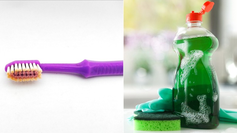 Purple toothbrush alongside a bottle of dish soap with a glove and sponge