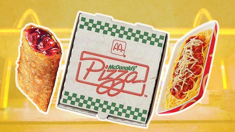 Composite image of McDonald's cherry pie, pizza, and spaghetti over a yellow McDonald's storefront.