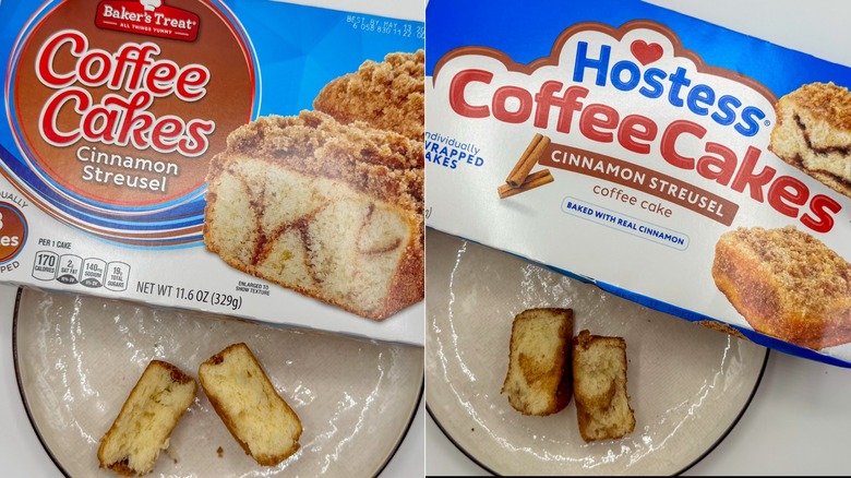 Coffee cakes with boxes on white surface