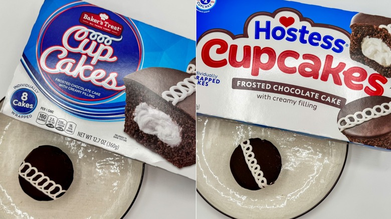 Aldi and Hostess cupcakes on plate and white background