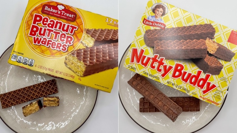 Peanut butter wafer bars with plate on white background