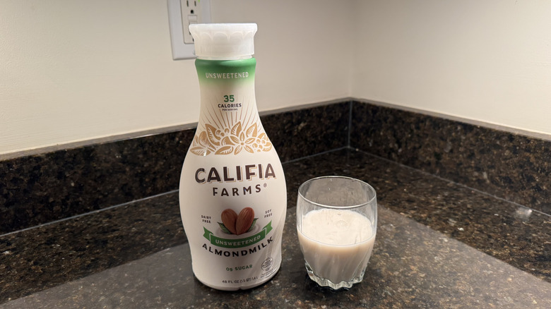 Califa Farms almond milk on countertop