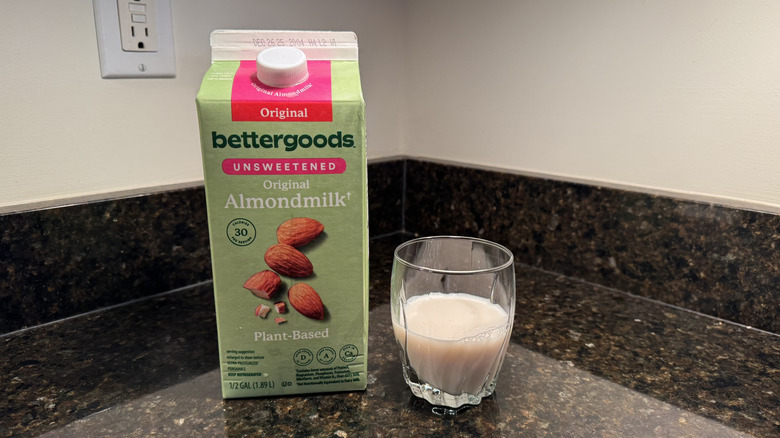 Bettergoods almond milk on countertop