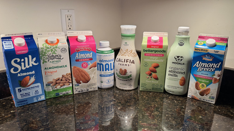 Almond milk brands on the countertop