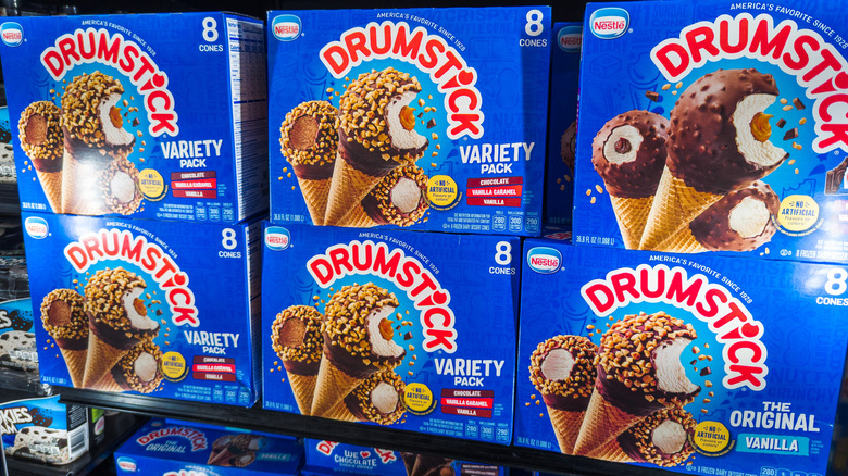 Grocery store shelf of different types of Nestle Drumsticks