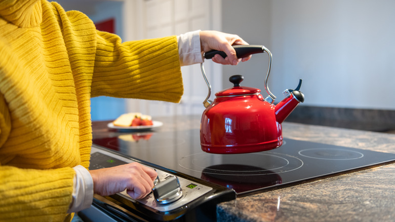 Person putting a kettle on an electric stove