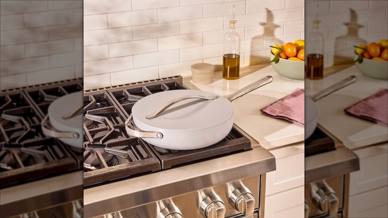 a Caraway ceramic pan on kitchen stovetop