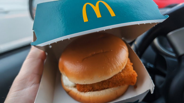 Filet-O-Fish sandwich in a box in a car