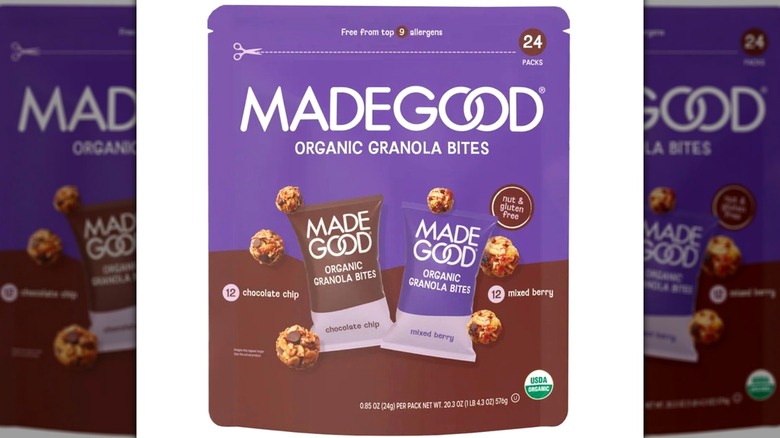 a bag of MadeGood Organic Granola Minis in Chocolate Chip and Mixed Berry on a white background