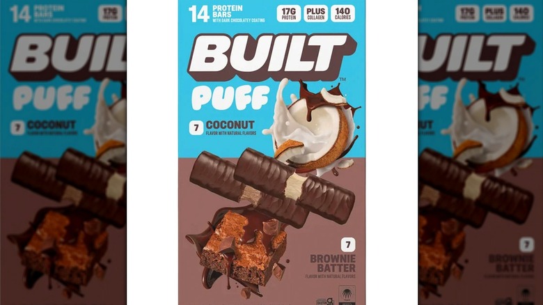 a box of 7 coconut and 7 brownie batter BUILT Puff Protein Bars on a white background