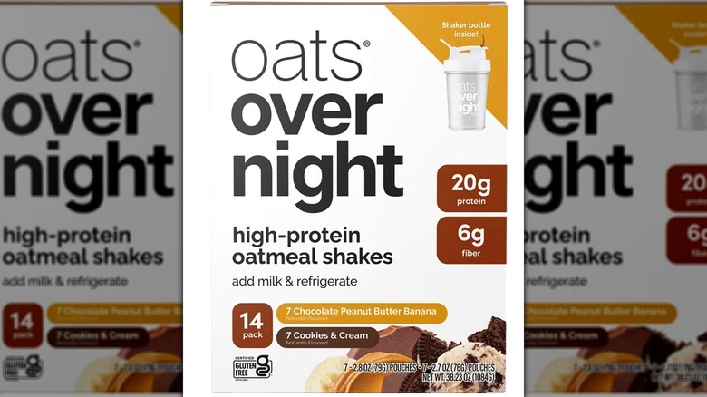 a box of Oats Overnight Cookies & Cream and Chocolate Peanut Butter Banana Protein Shakes on a white background