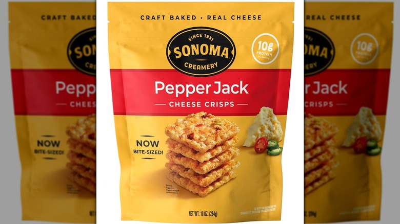 a bag of Sonoma Creamery Pepper Jack Cheese Crisps on a white background