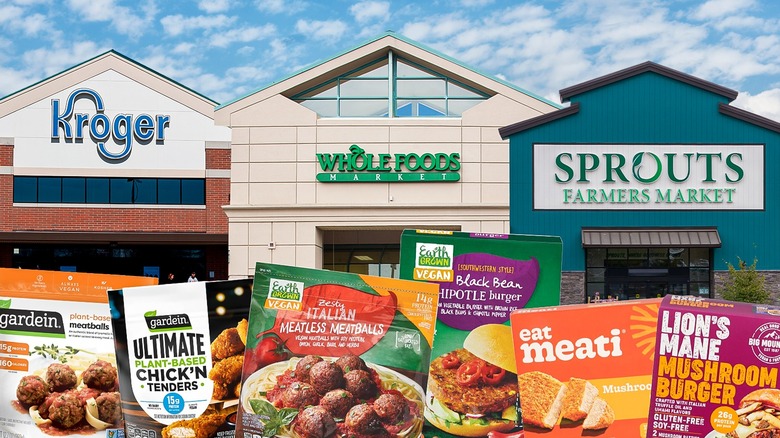 grocery store fronts with vegan products lined up along the bottom of the frame