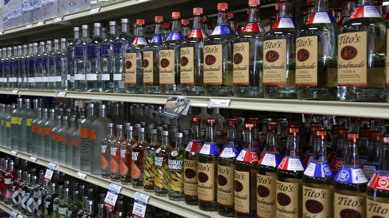 Bottles of vodka on display in a liquor store