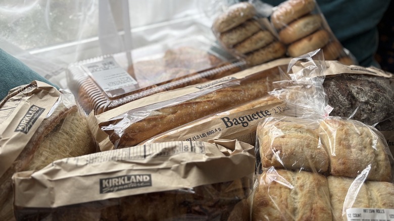 A pile of Costco bread products near window