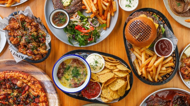 A spread of lunch items on a restaurant table