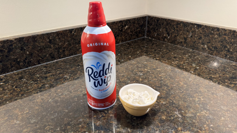 Reddi-Wip canned whipped cream beside filled white dish on countertop