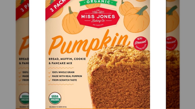 A box of Miss Jones Organic Pumpkin Bread and Muffin with an image of the product on the front.