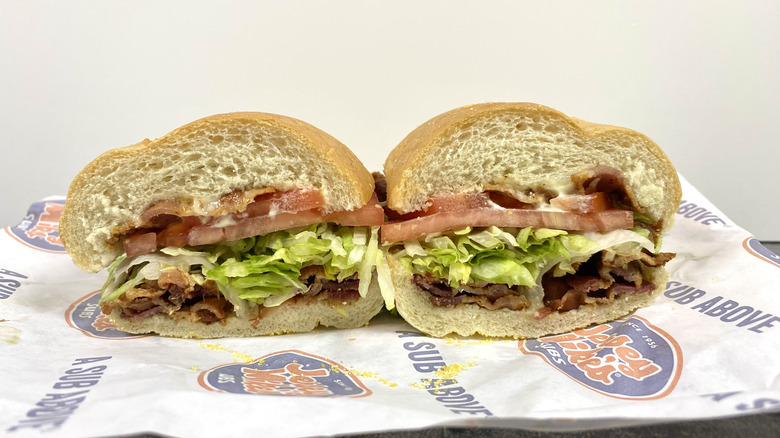 The Jersey Mike's Subs BLT on top of its paper packaging
